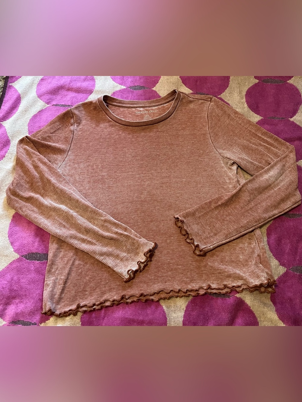 American Eagle Burnt Orange Acid Wash Thermal Lettuce Trim Top